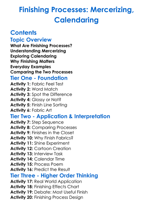 Finishing Processes Mercerizing Calendaring Worksheet Activity Booklet