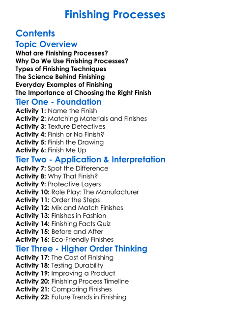 Finishing Processes Worksheet Activity Booklet