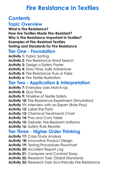 Fire Resistance In Textiles Worksheet Activity Booklet