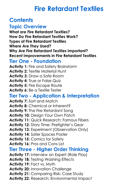 Fire Retardant Textiles Worksheet Activity Booklet