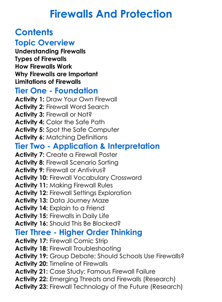 Firewalls And Protection Worksheet Activity Booklet