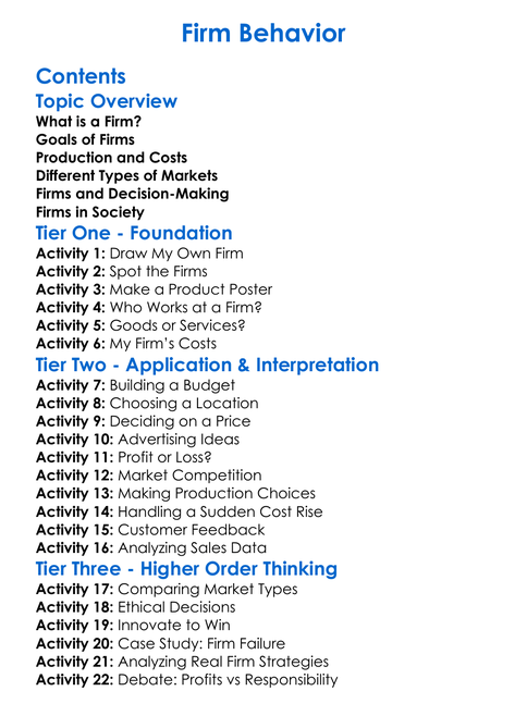 Firm Behavior Worksheet Activity Booklet