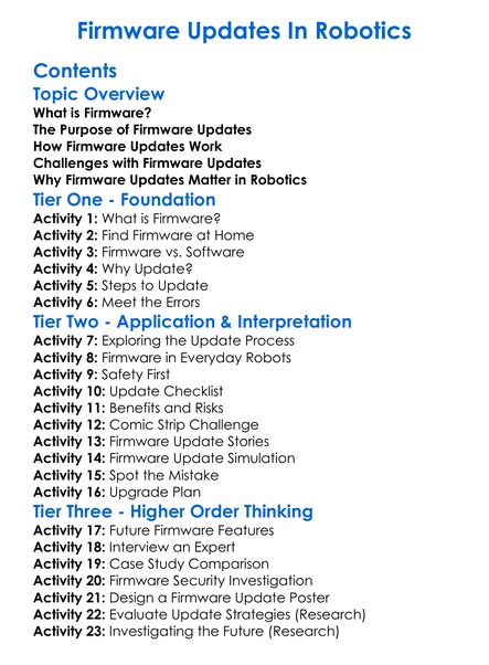 Firmware Updates In Robotics Worksheet Activity Booklet