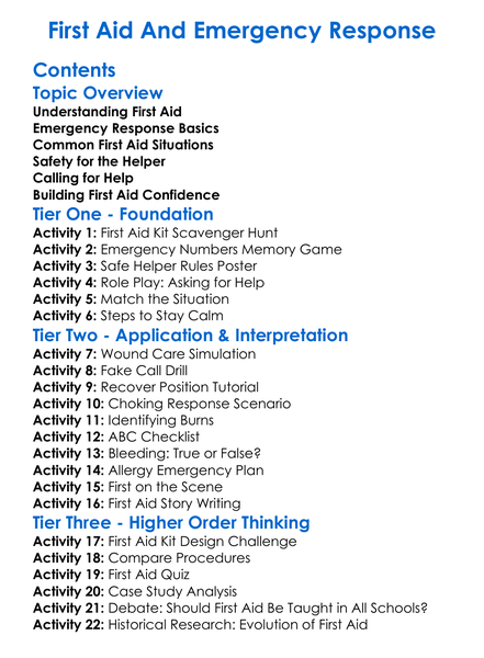 First Aid And Emergency Response Worksheet Activity Booklet