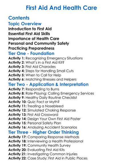First Aid And Health Care Worksheet Activity Booklet
