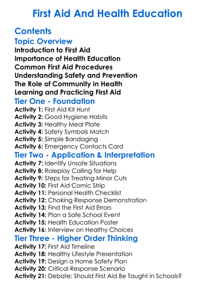 First Aid And Health Education Worksheet Activity Booklet