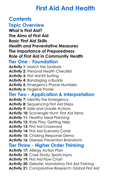 First Aid And Health Worksheet Activity Booklet