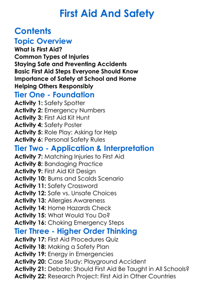 First Aid And Safety Worksheet Activity Booklet