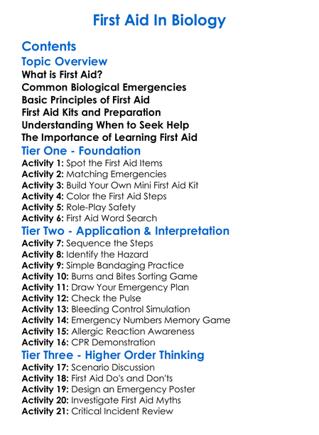 First Aid In Biology Worksheet Activity Booklet