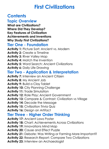 First Civilizations Worksheet Activity Booklet