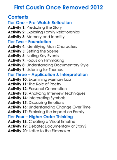 First Cousin Once Removed 2012 Worksheet Activity Booklet