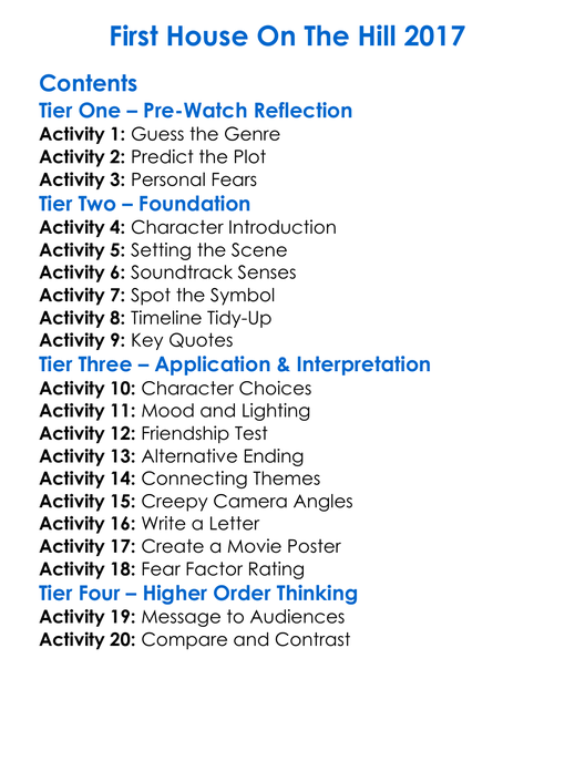 First House On The Hill 2017 Worksheet Activity Booklet