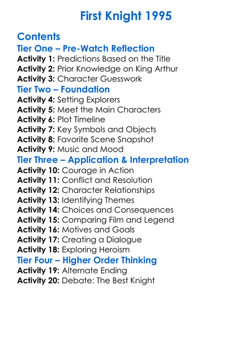 First Knight 1995 Worksheet Activity Booklet