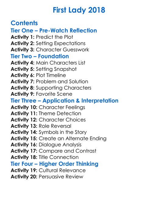 First Lady 2018 Worksheet Activity Booklet