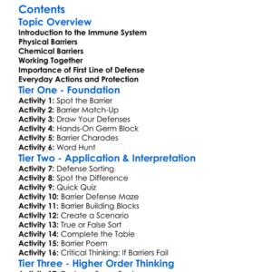 First Line Of Defense Physical And Chemical Barriers Worksheet Activity Booklet