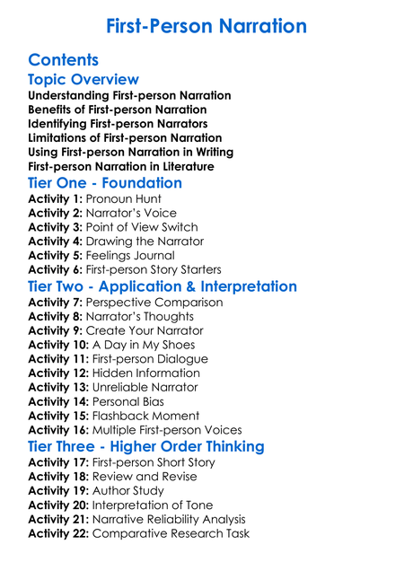 First-Person Narration Worksheet Activity Booklet