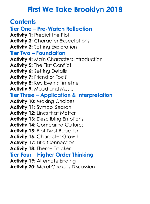 First We Take Brooklyn 2018 Worksheet Activity Booklet