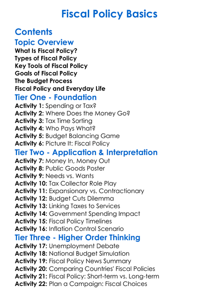 Fiscal Policy Basics Worksheet Activity Booklet