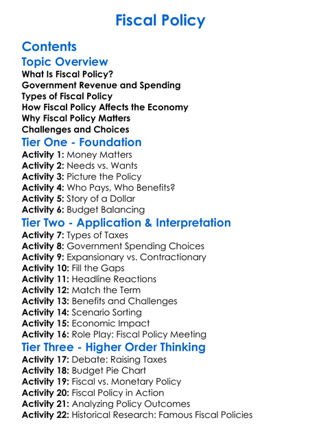 Fiscal Policy Worksheet Activity Booklet