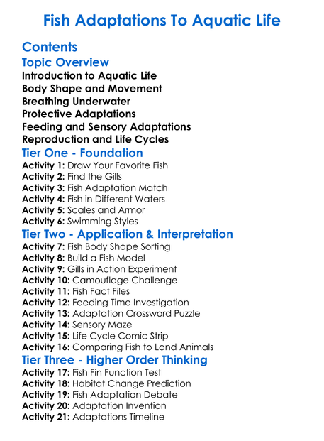 Fish Adaptations To Aquatic Life Worksheet Activity Booklet