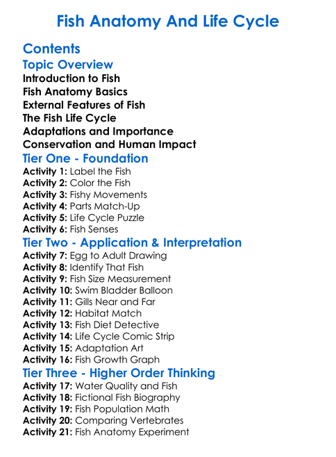 Fish Anatomy And Life Cycle Worksheet Activity Booklet