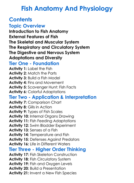 Fish Anatomy And Physiology Worksheet Activity Booklet