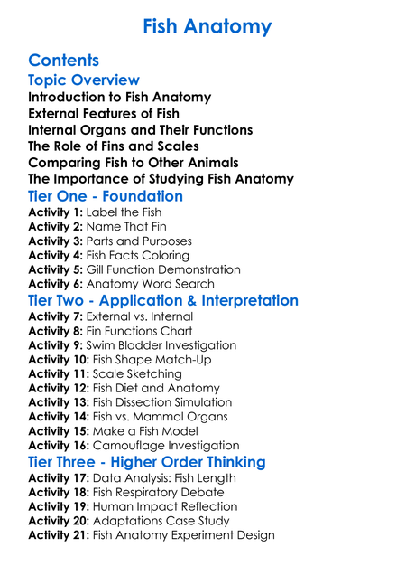 Fish Anatomy Worksheet Activity Booklet