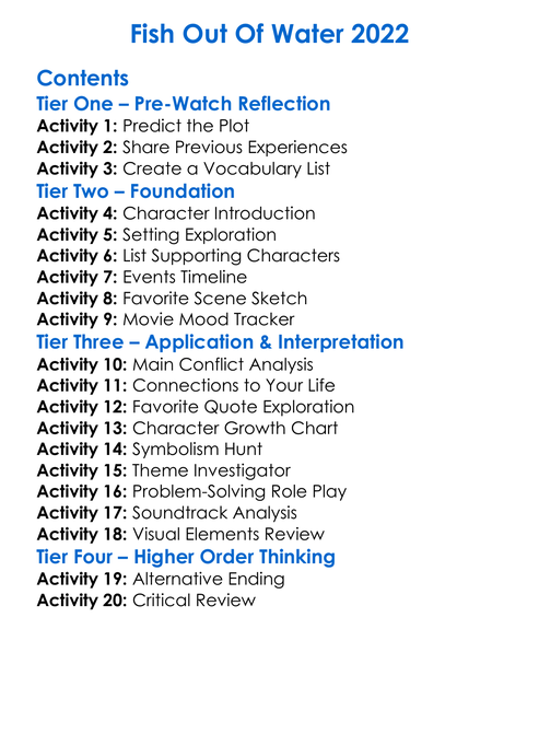 Fish Out Of Water 2022 Worksheet Activity Booklet