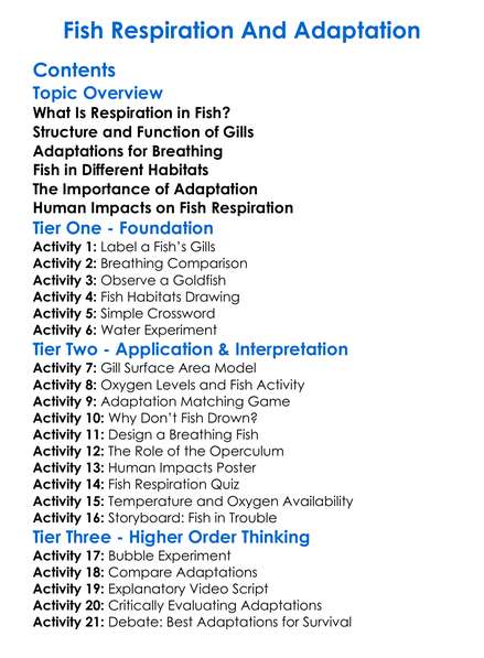Fish Respiration And Adaptation Worksheet Activity Booklet
