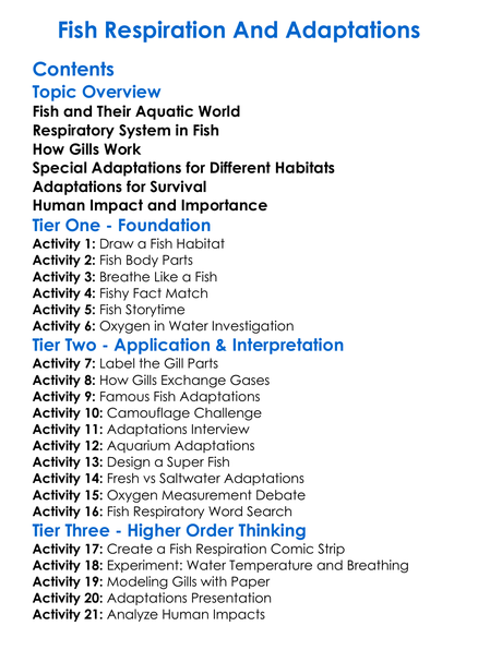 Fish Respiration And Adaptations Worksheet Activity Booklet