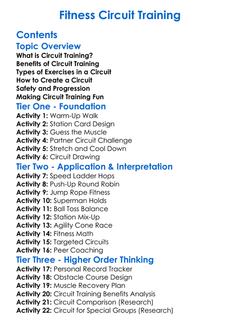 Fitness Circuit Training Worksheet Activity Booklet