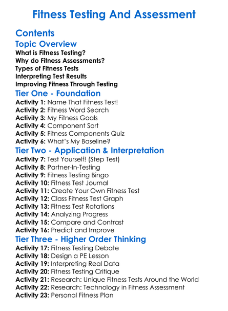 Fitness Testing And Assessment Worksheet Activity Booklet