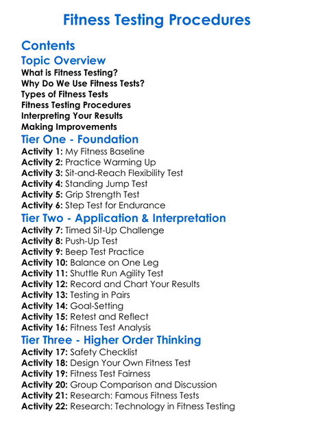 Fitness Testing Procedures Worksheet Activity Booklet