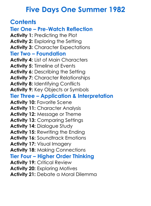 Five Days One Summer 1982 Worksheet Activity Booklet
