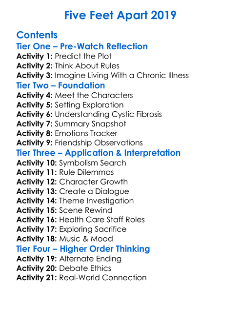 Five Feet Apart 2019 Worksheet Activity Booklet