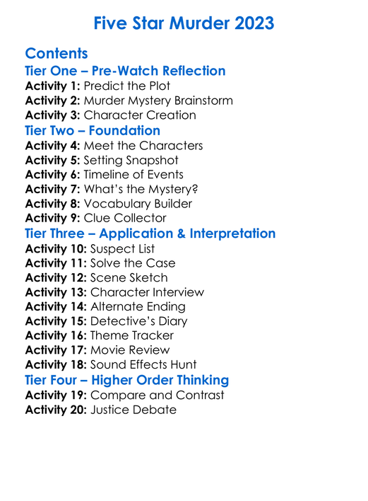 Five Star Murder 2023 Worksheet Activity Booklet