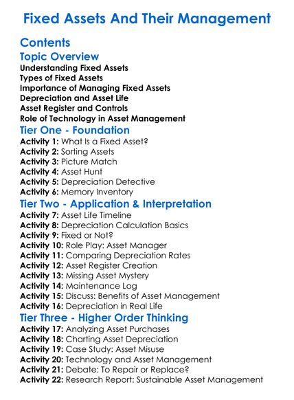 Fixed Assets And Their Management Worksheet Activity Booklet