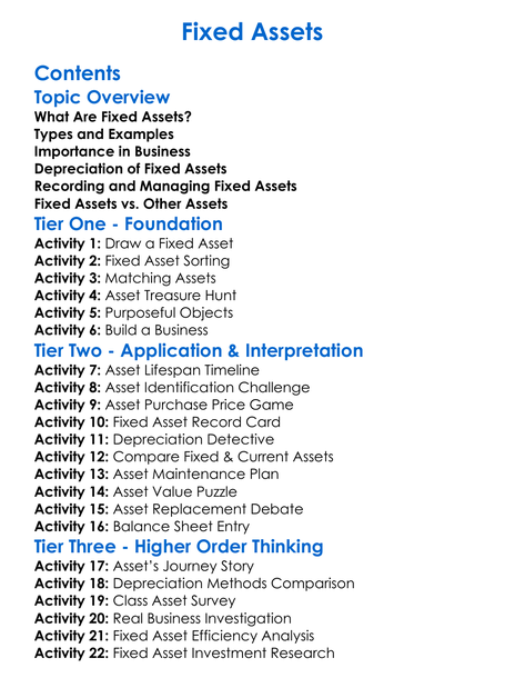 Fixed Assets Worksheet Activity Booklet