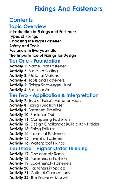 Fixings And Fasteners Worksheet Activity Booklet