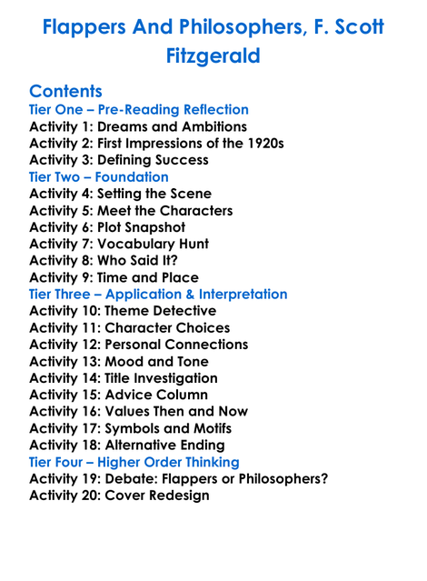 Flappers And Philosophers F Scott Fitzgerald Worksheet Activity Booklet