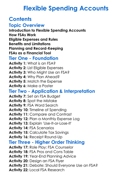 Flexible Spending Accounts Worksheet Activity Booklet