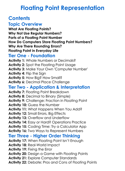 Floating Point Representation Worksheet Activity Booklet