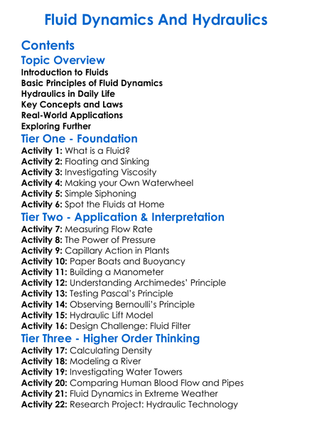 Fluid Dynamics And Hydraulics Worksheet Activity Booklet