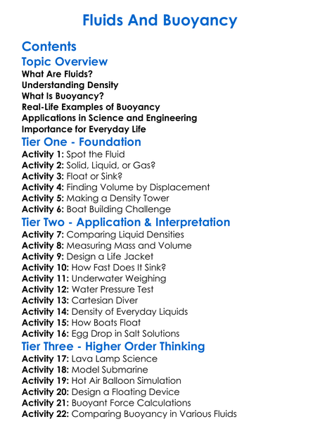 Fluids And Buoyancy Worksheet Activity Booklet