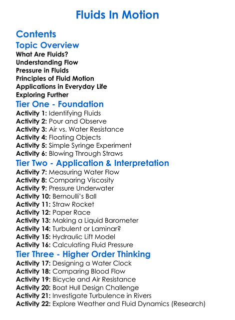 Fluids In Motion Worksheet Activity Booklet