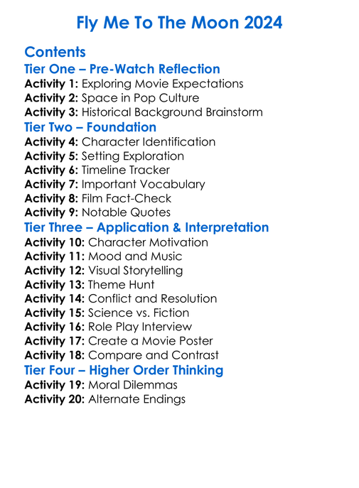 Fly Me To The Moon 2024 Worksheet Activity Booklet