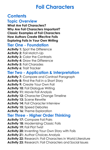 Foil Characters Worksheet Activity Booklet