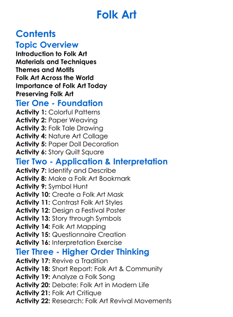 Folk Art Worksheet Activity Booklet
