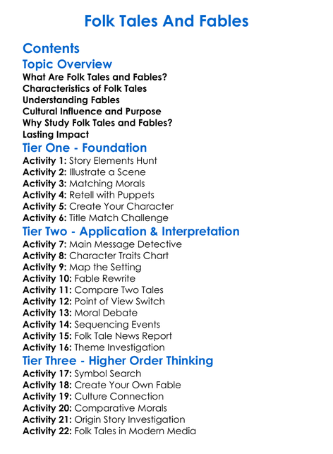 Folk Tales And Fables Worksheet Activity Booklet