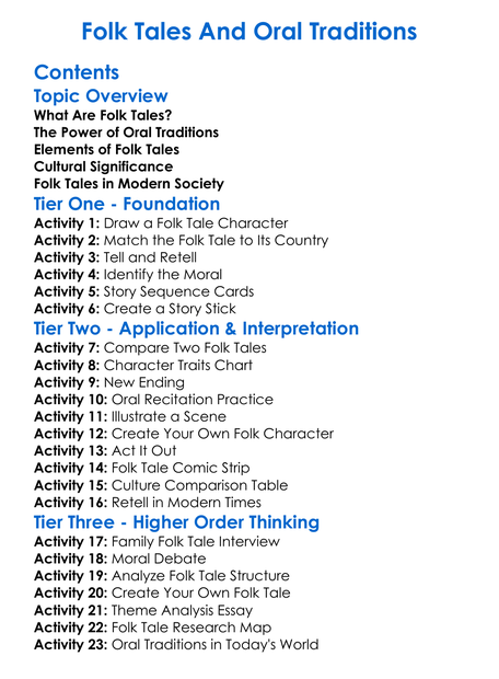 Folk Tales And Oral Traditions Worksheet Activity Booklet